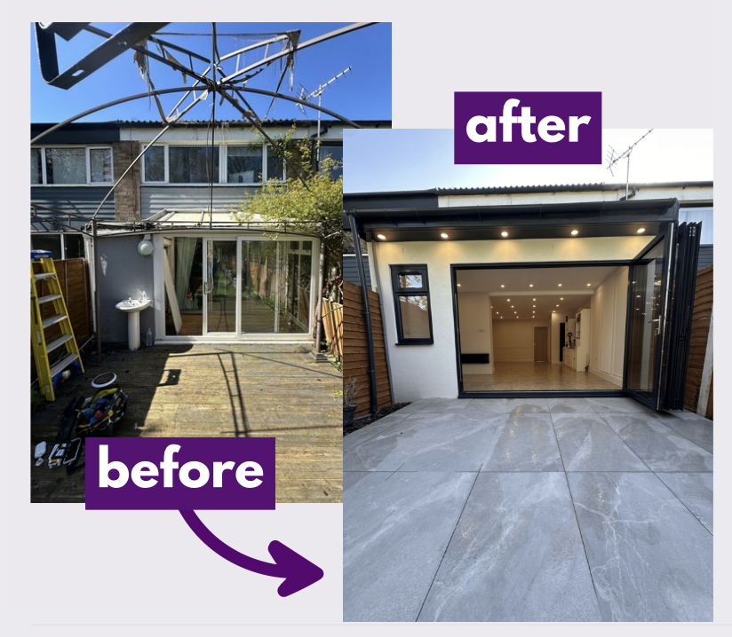 Before and after of a rear extension with bi-fold doors and porcelain patio